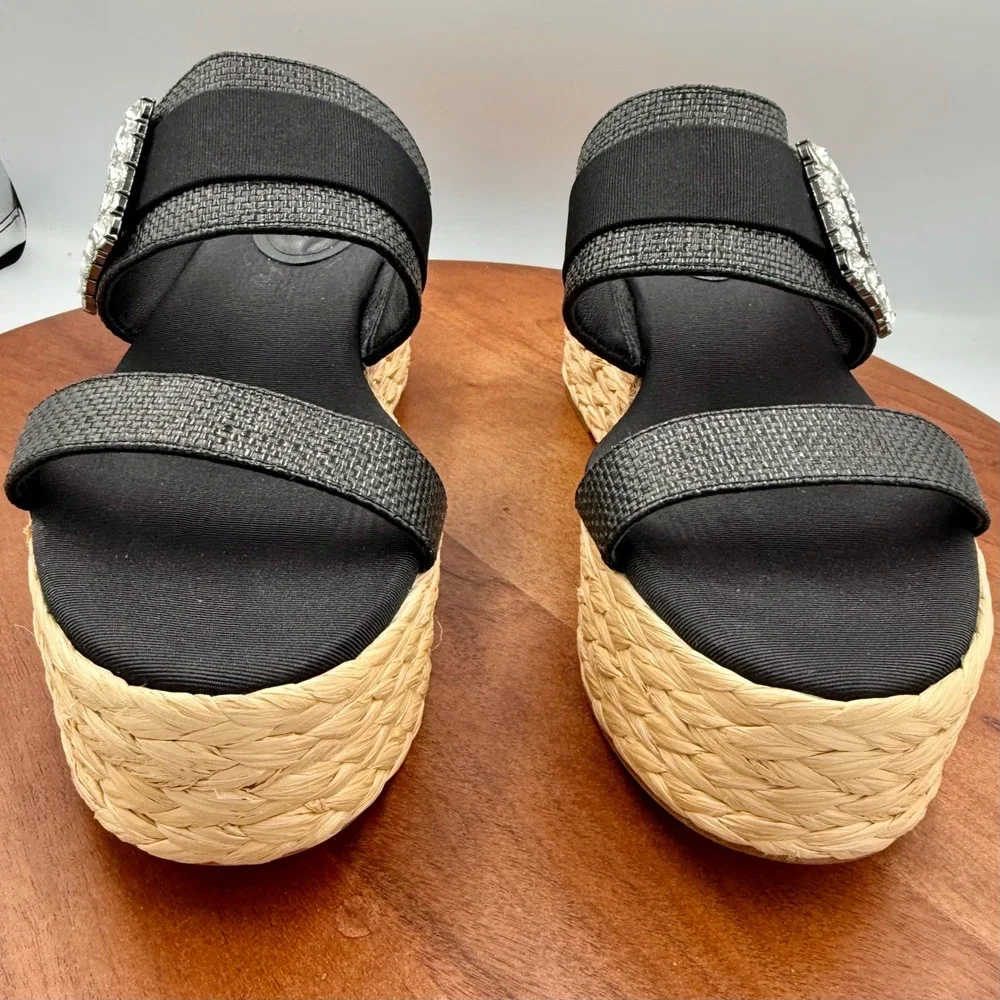 Deltan Collins Raffia Embellished Buckle Platform Slide Sandals Womens 8.5‎